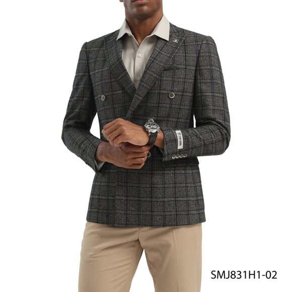 Brown Windowpane Double Breasted Peak Lapel Stacy Adams Men's Jacket - Picture 2 of 4